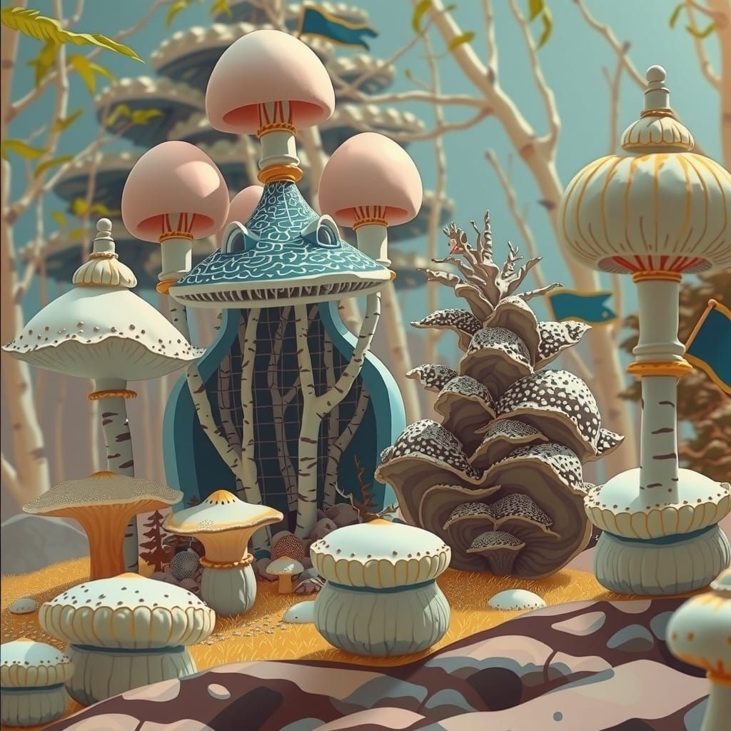 Stark Blue Skyscraper Merges with Forest in Linocut Style