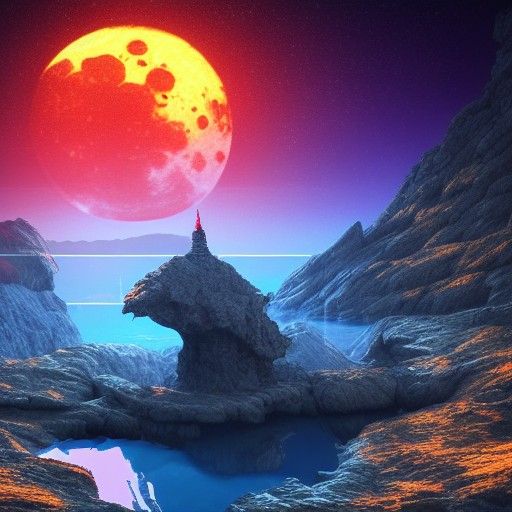 Glowing Sword in Lake Under Red Moon