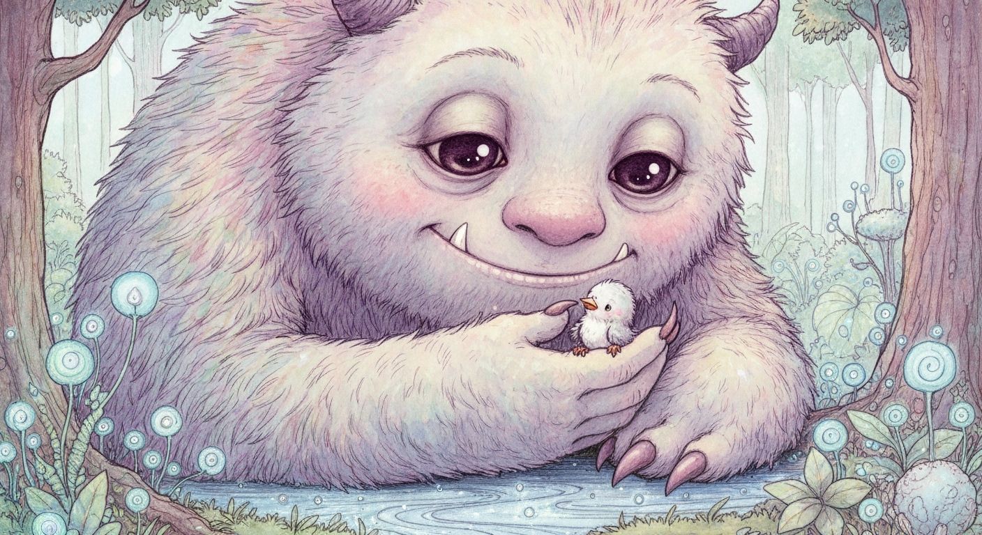 Gentle Monster Cradling a Bird in Whimsical Forest