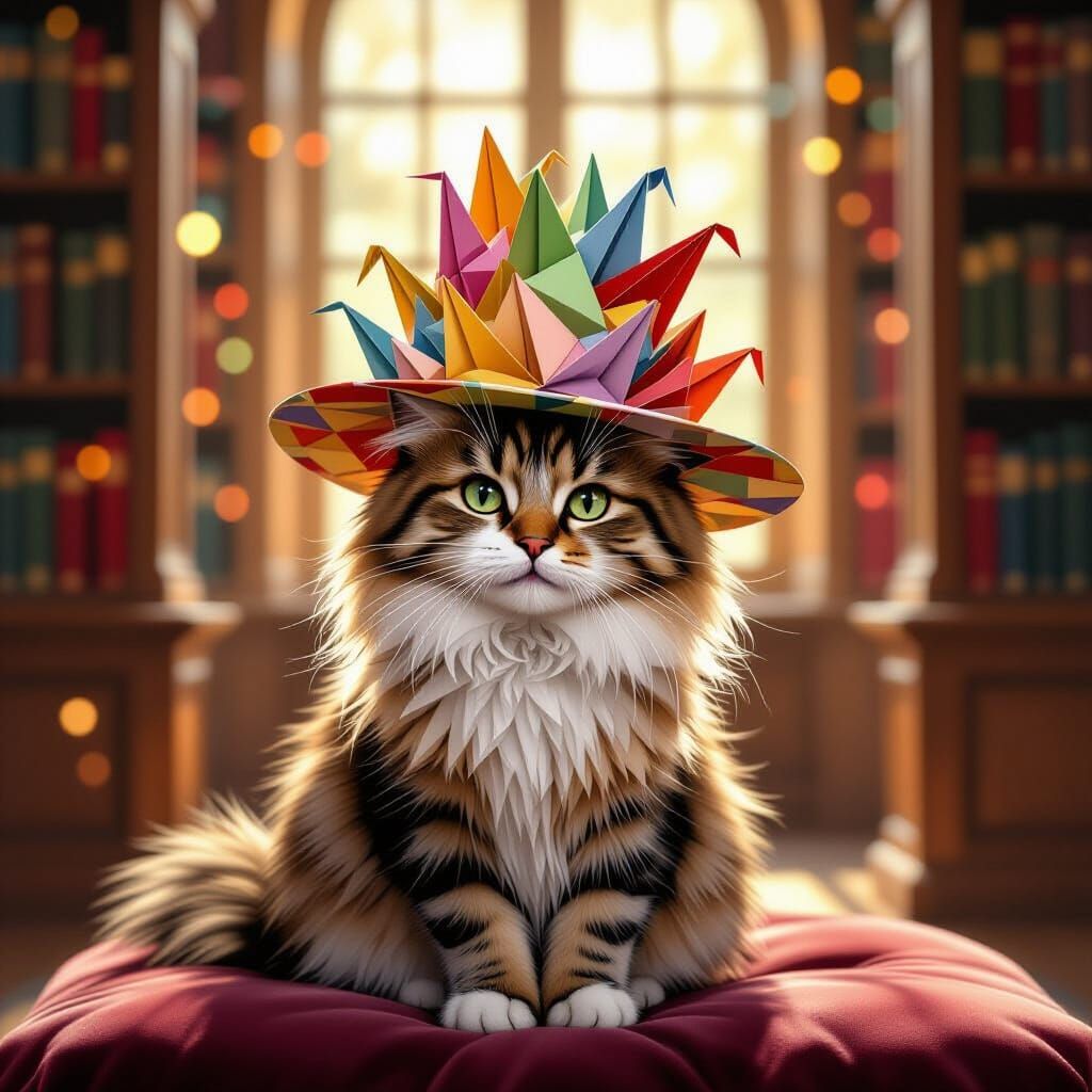 Fluffy Cat with Origami Crane Hat on Velvet Cushion