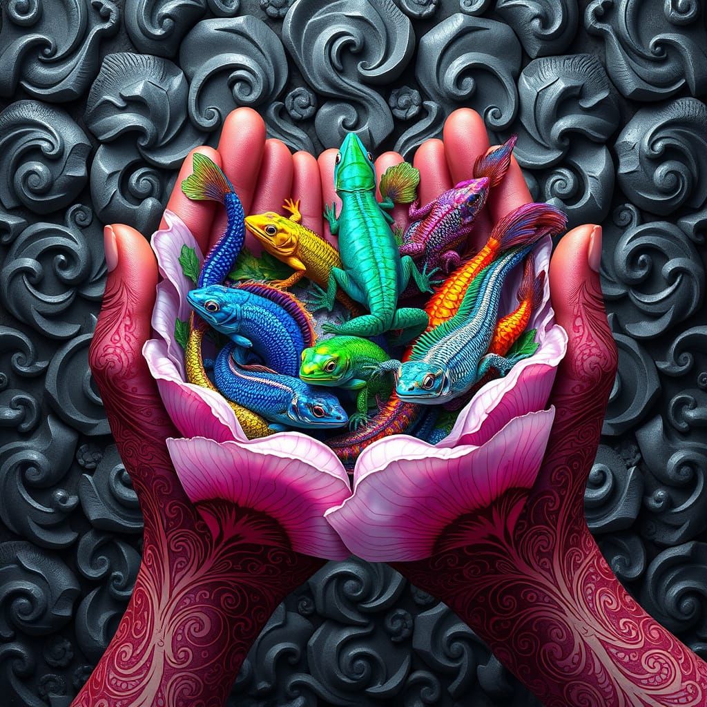Vibrant Hands Cradle Mythical Creatures in a Dreamlike World