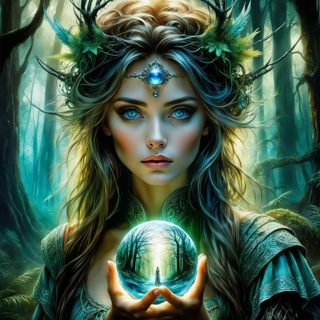 Enchantress with Glowing Orb in Enchanted Forest