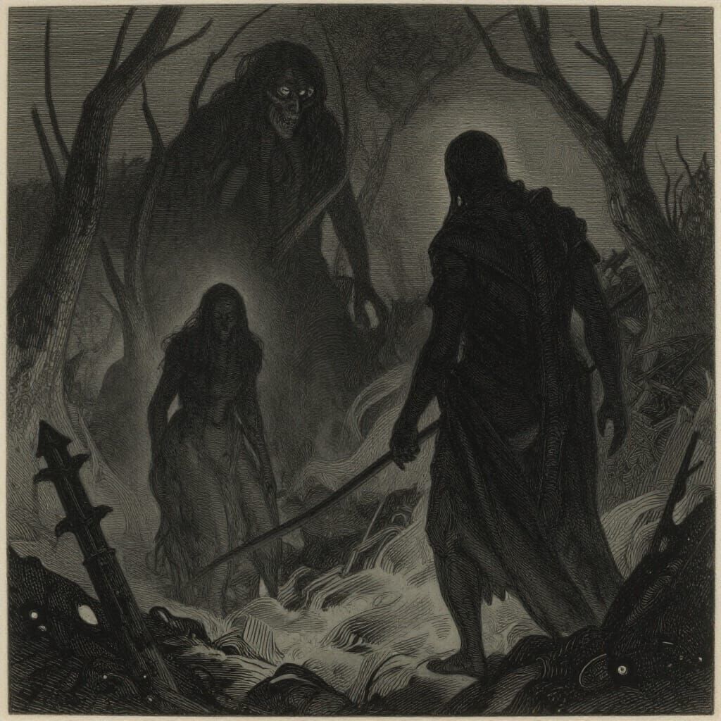 Gothic Horror Scene With Shadowy Figures