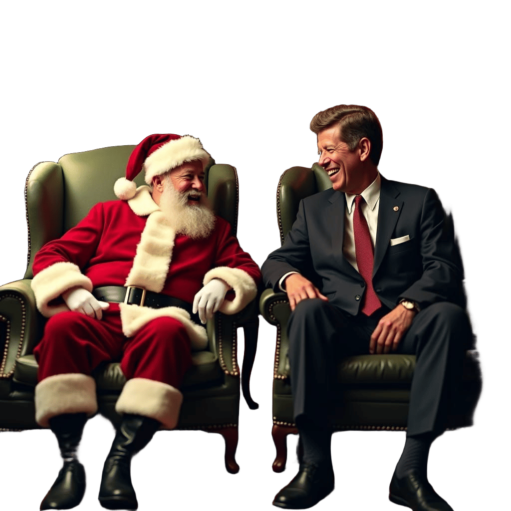 Santa and JFK Laughing Together: Cinematic Film Still
