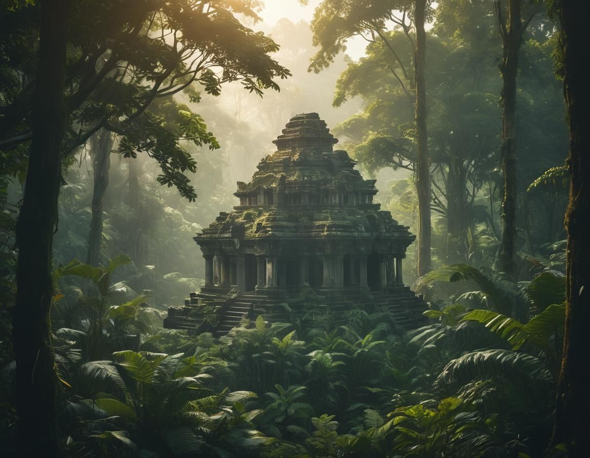 Sunlit Temple in Rainforest: Double Exposure Art