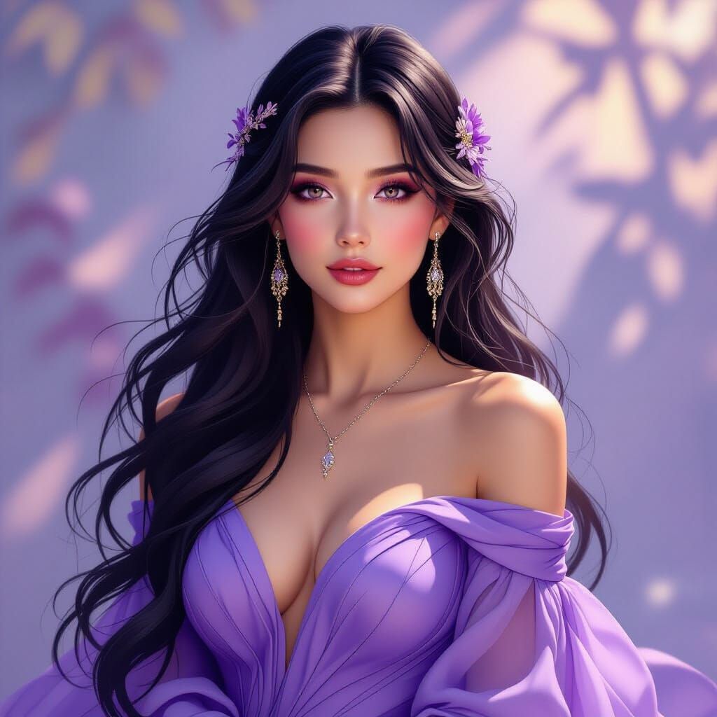 Elegant Woman in Lavender Dress with Purple Makeup