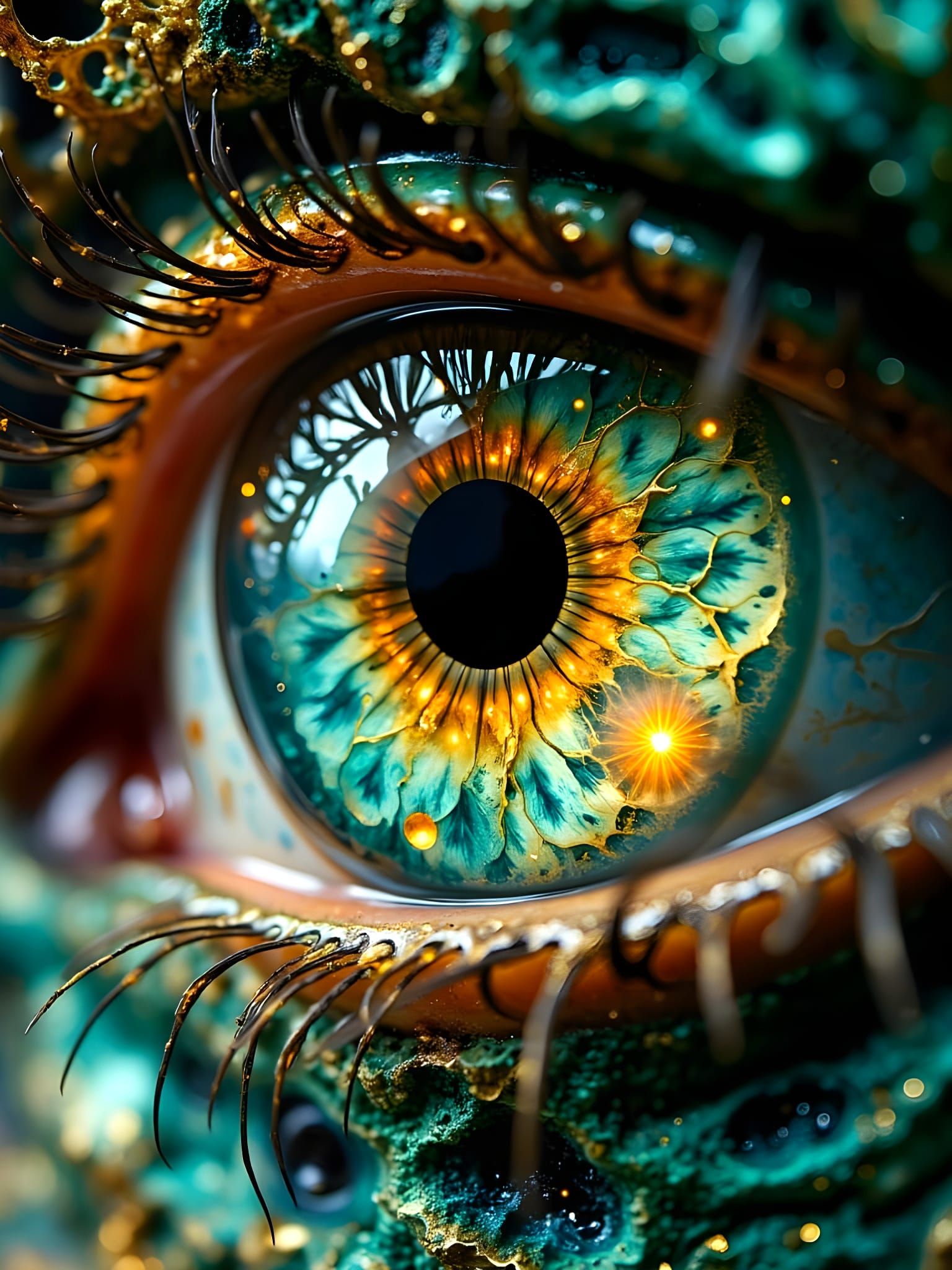Hyperdetailed Illuminated Eyes in Futuristic Green and Gold