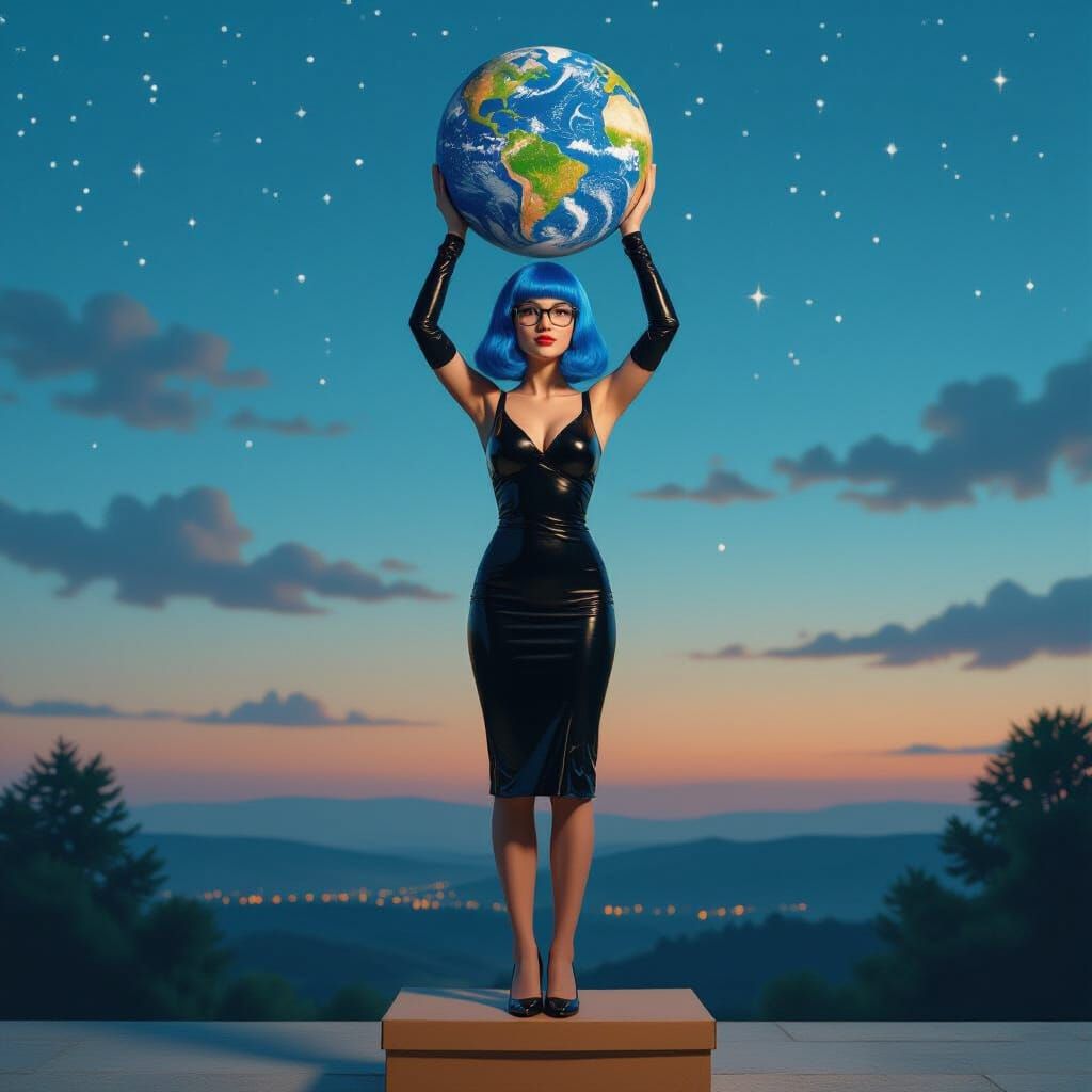 Blue-Haired Woman with Globe in Surreal Style