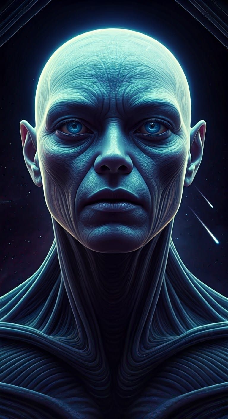 Alien Being in Futuristic Spacecraft with Blazing Meteors