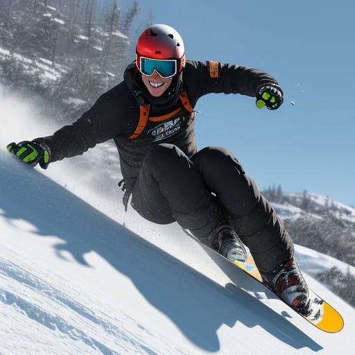 Vibrant Snowboarder Cruises Down Icy Slopes in Direct Sunlig...