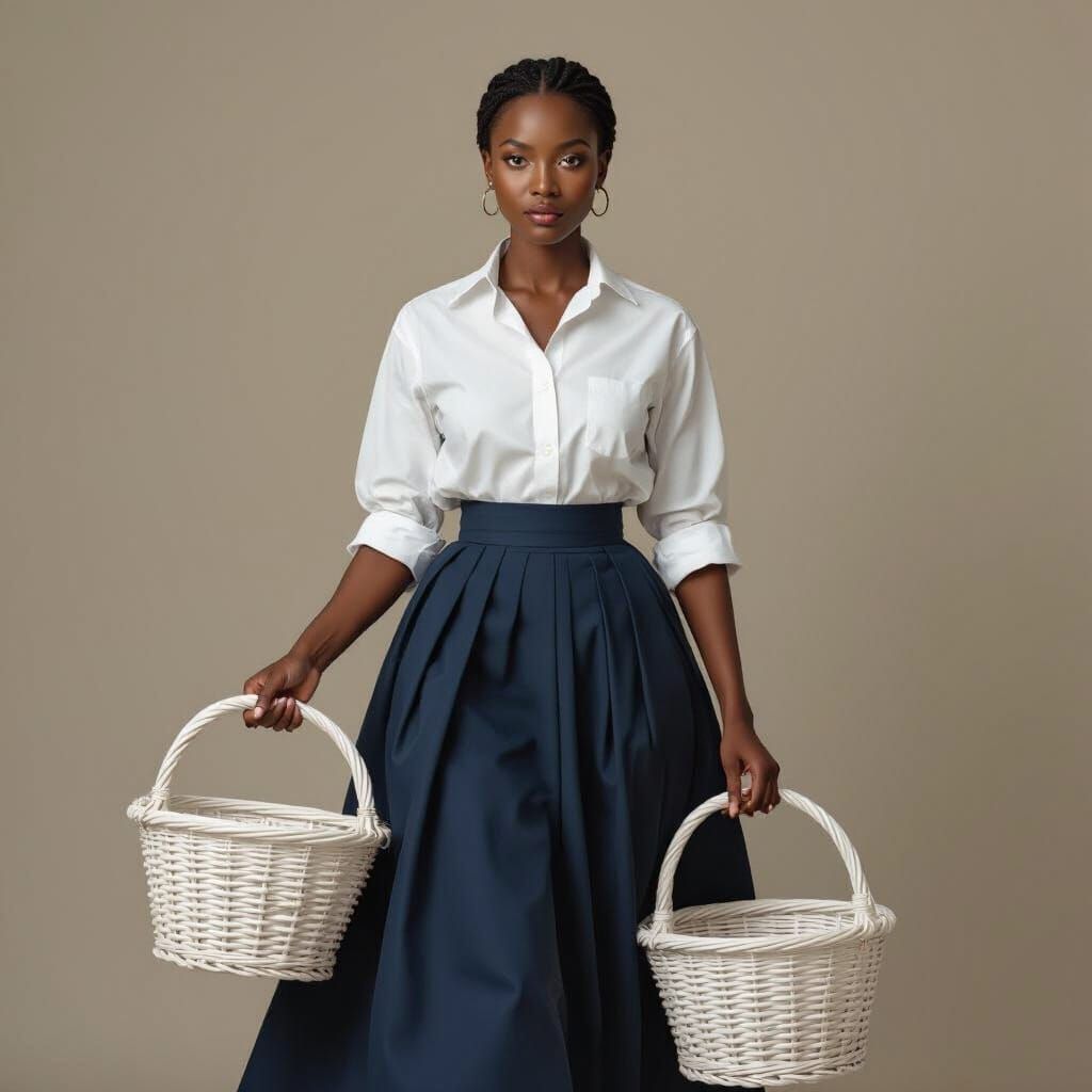 Elegant Portrait of Woman with Baskets in Earthy Tones