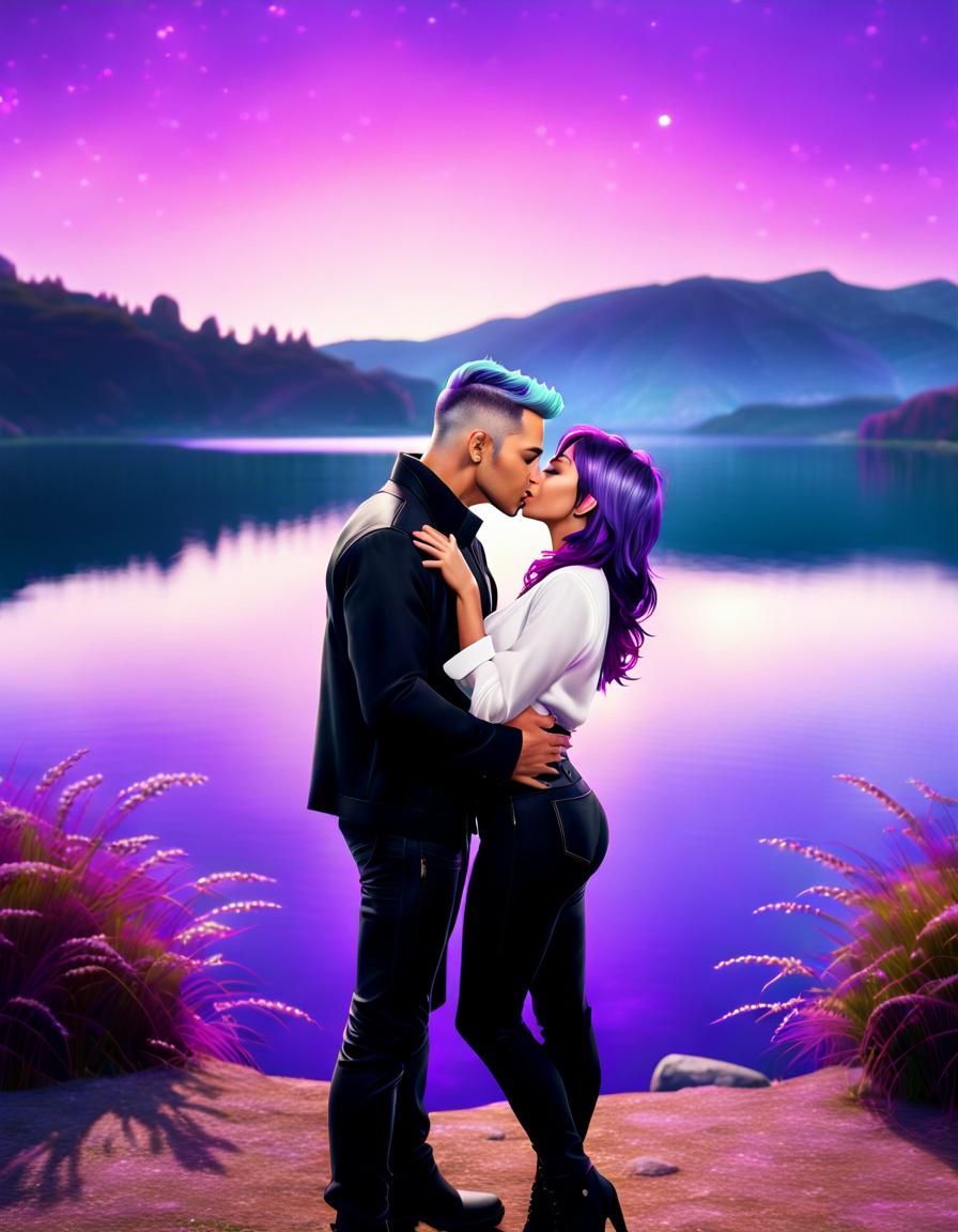Romantic Lakeside Embrace in Ethereal Photorealism