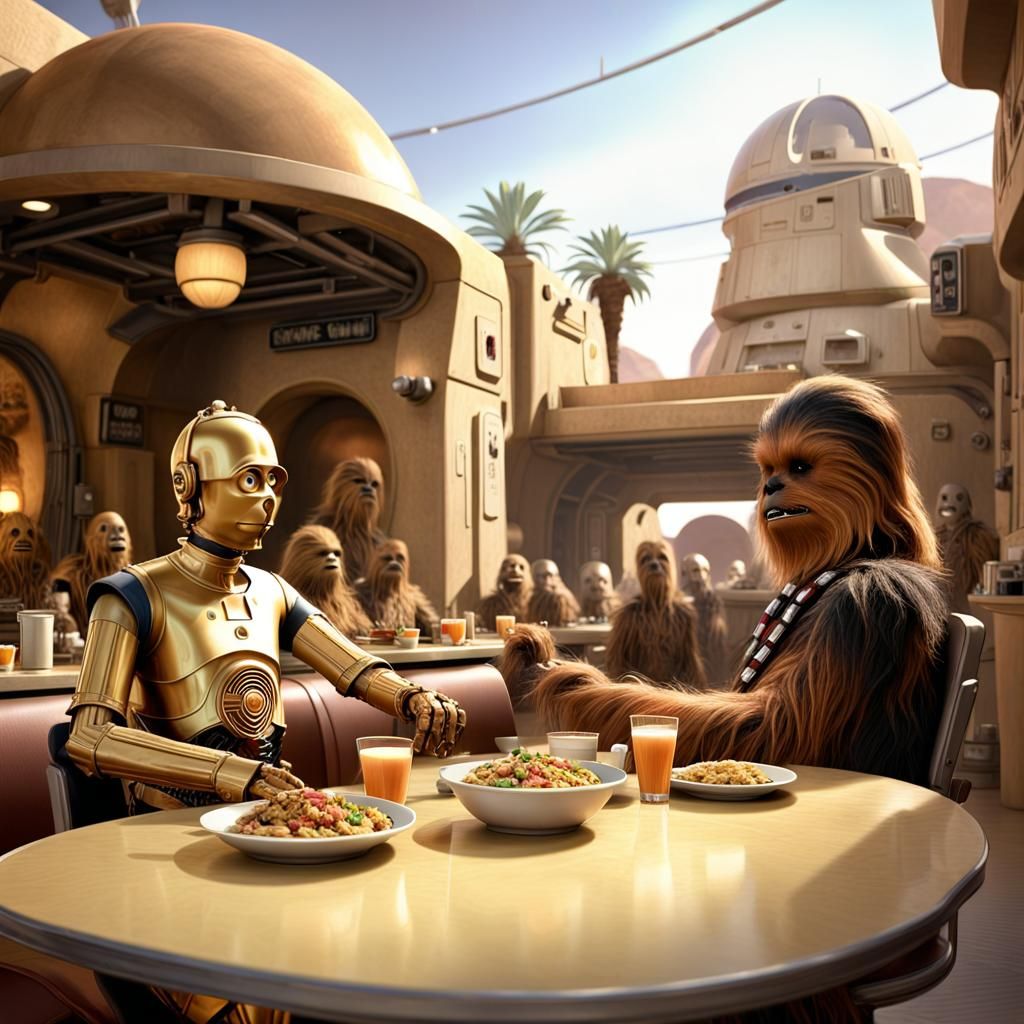C-3PO and Chewbacca Dine in Mos Eisley Cantina