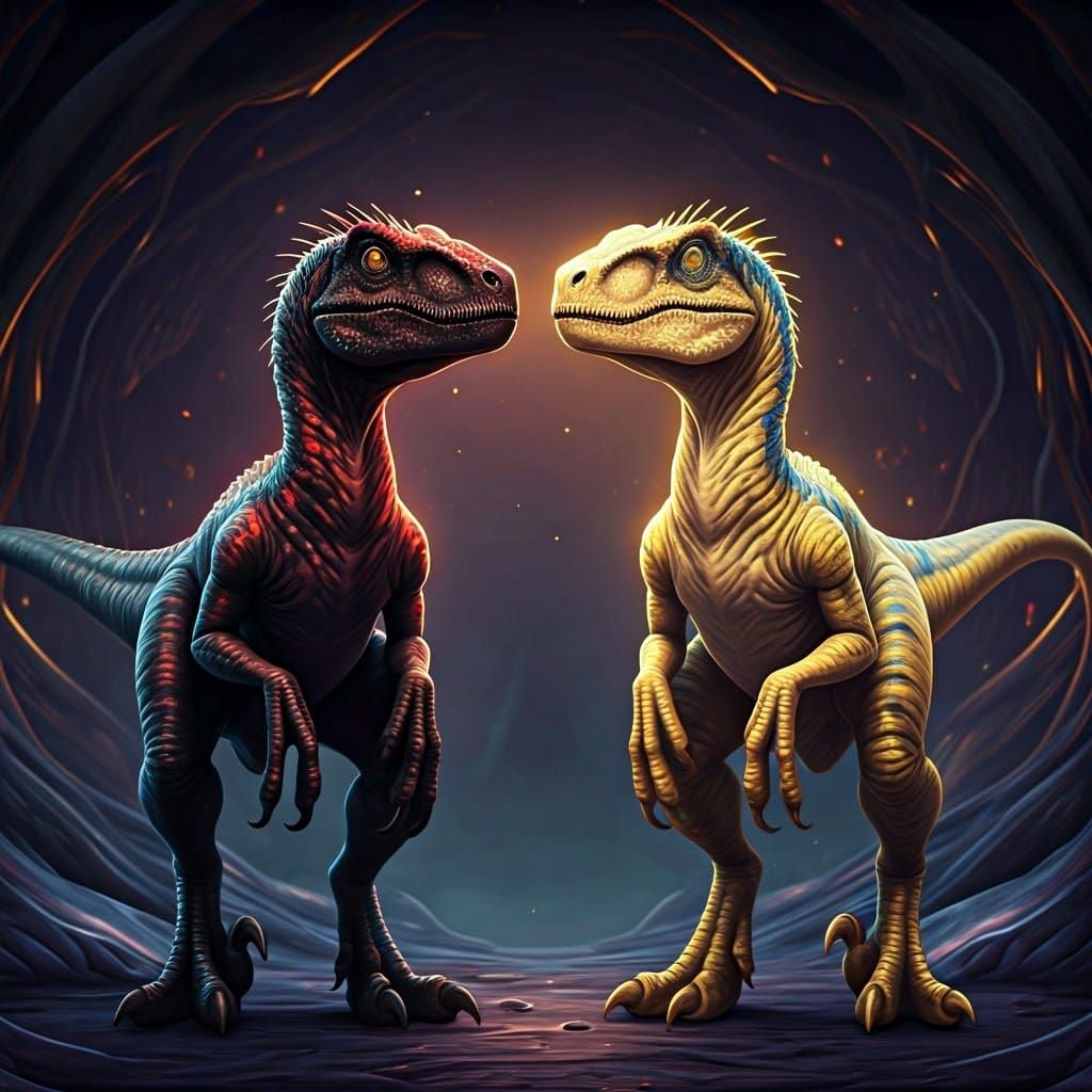 Opal Raptors Clash in a Dark Fantasy Setting