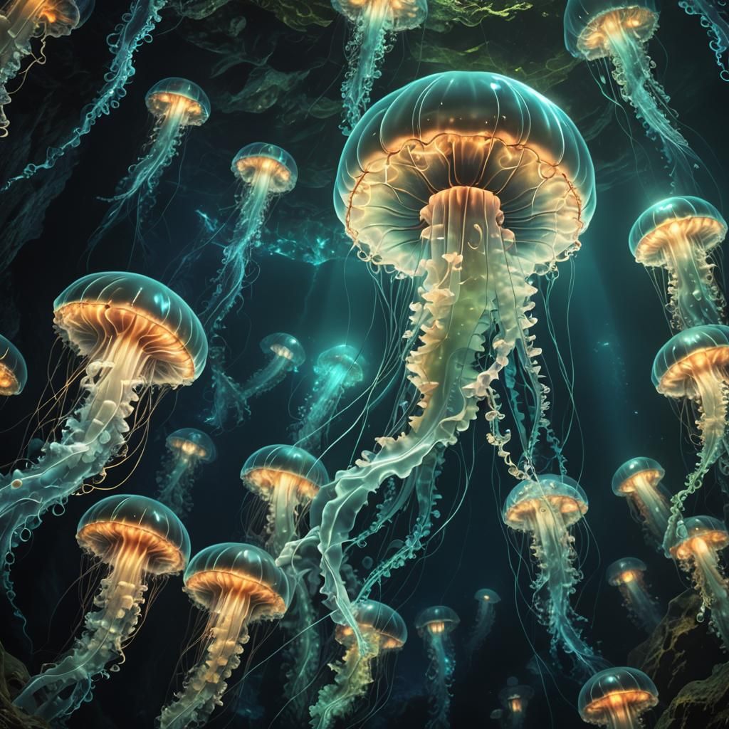 Glowing Deep Sea Jellyfish in Fractal Art Style