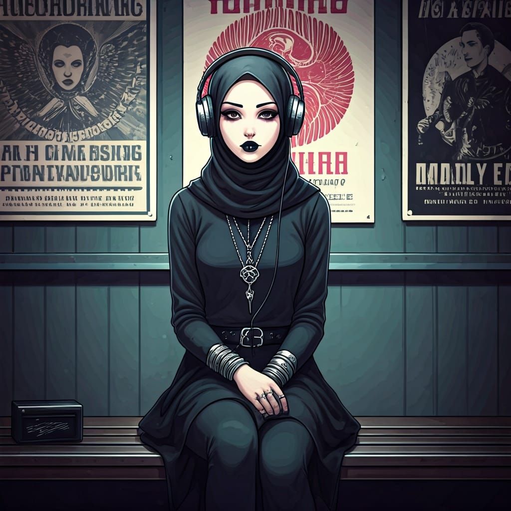 Goth Girl in Hijab Listening to Music Anime Style