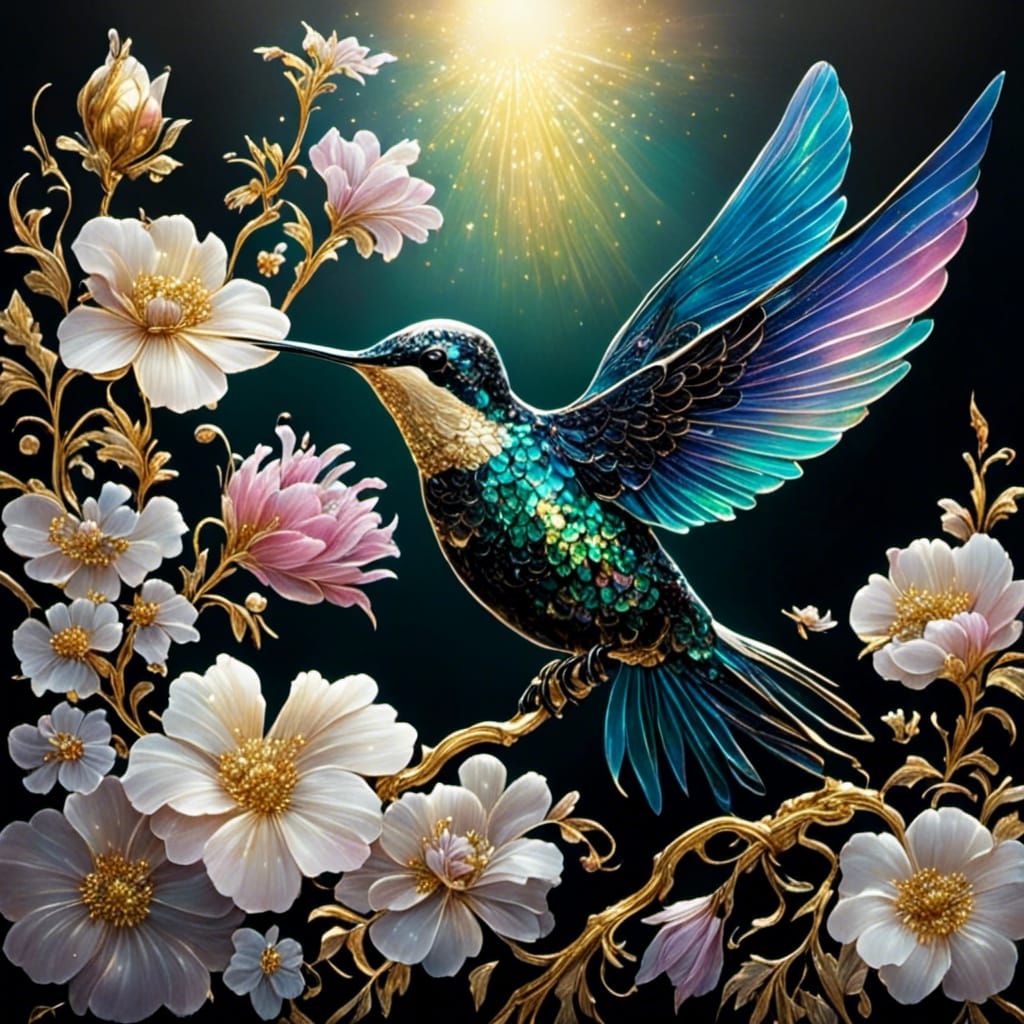 Iridescent Hummingbird with Lacquer and Gold Inlay