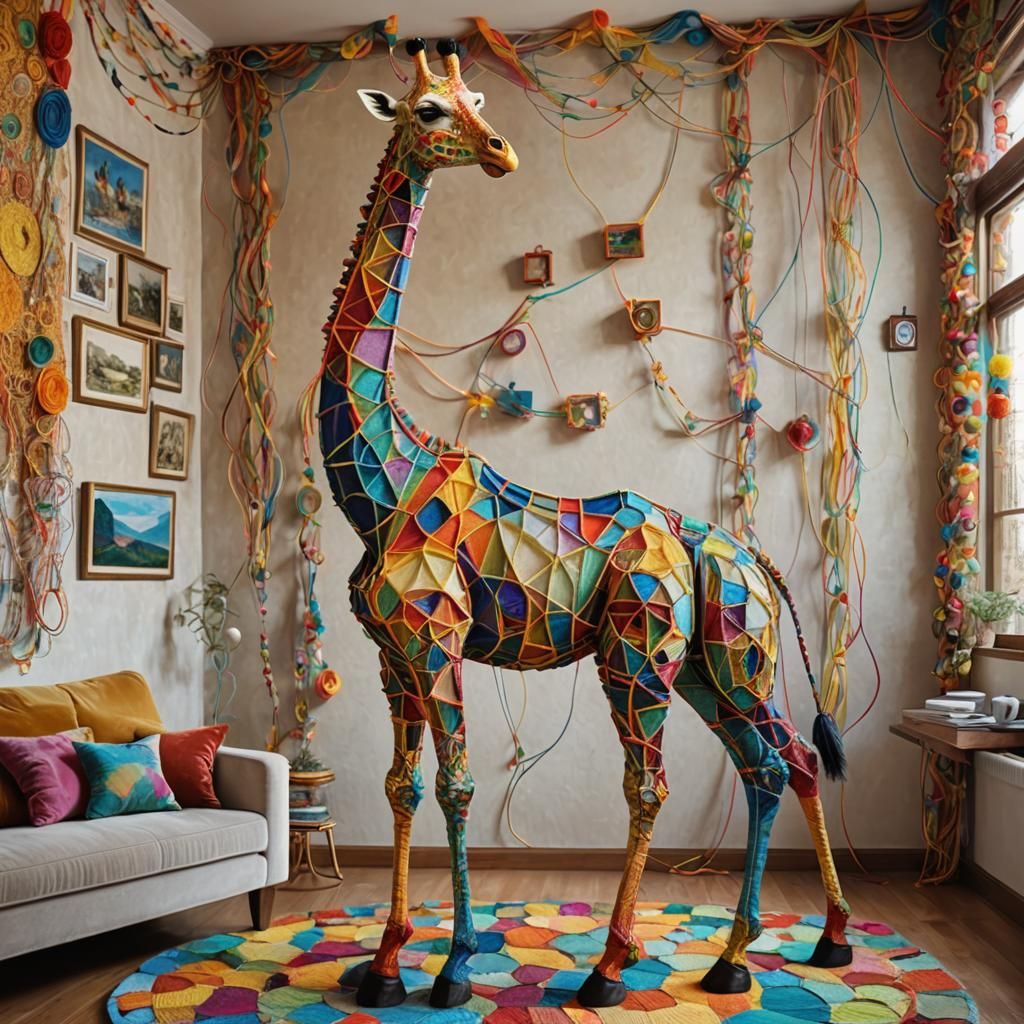 Surreal Giraffe Sculpture in Colorful Strings