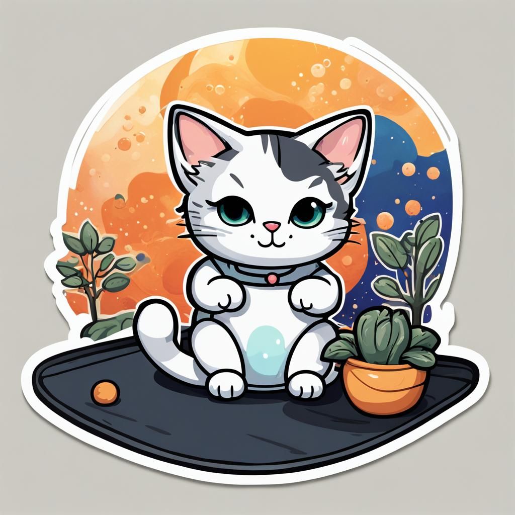 Chibi Cat Yoga Sticker, Detailed Matte Painting