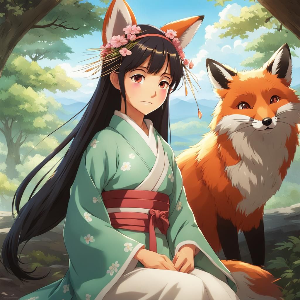 Anime Fox Girl in Hanbok, Ghibli Style