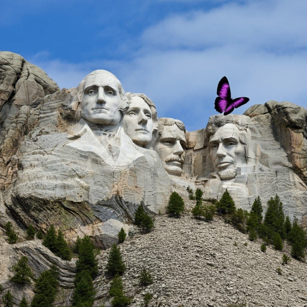 Purple Butterfly Flies Over Mount Rushmore