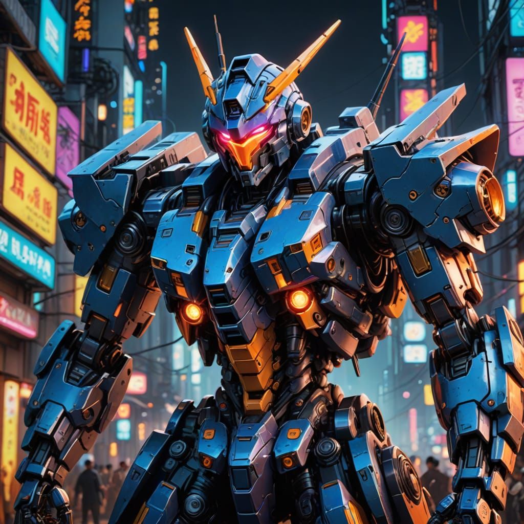 Anime Mecha in Glowing Cityscape