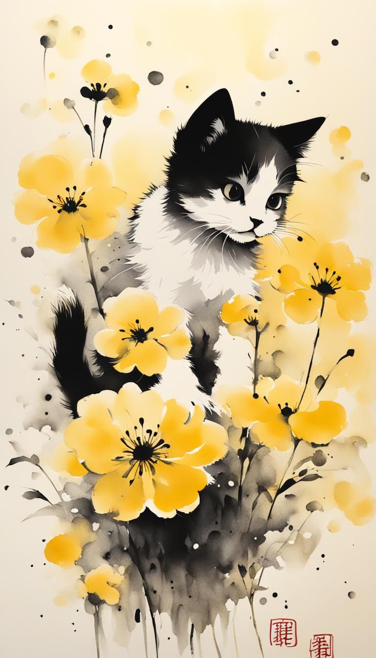Minimalist Chinese Ink Painting of Kitten with Flowers