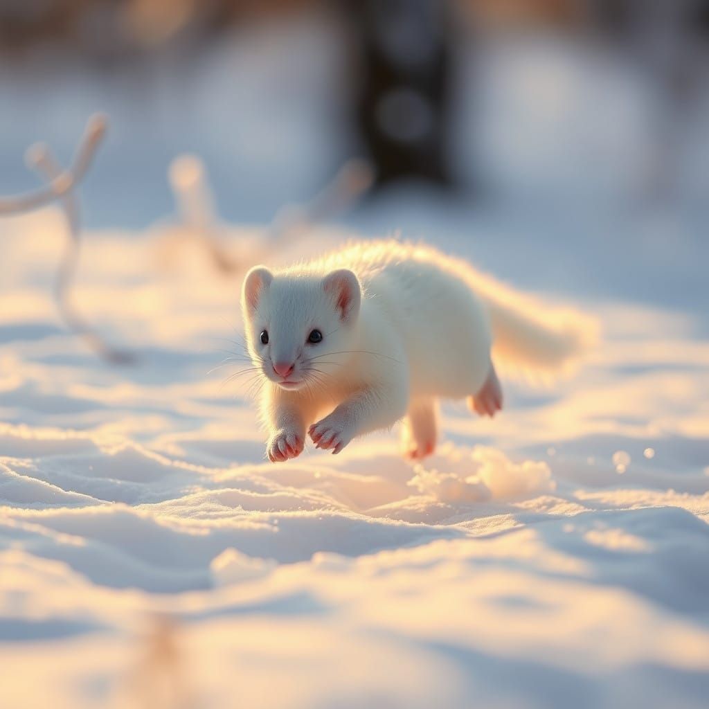 Adorable White Ermine Leaps in Snowy Winter Wonderland