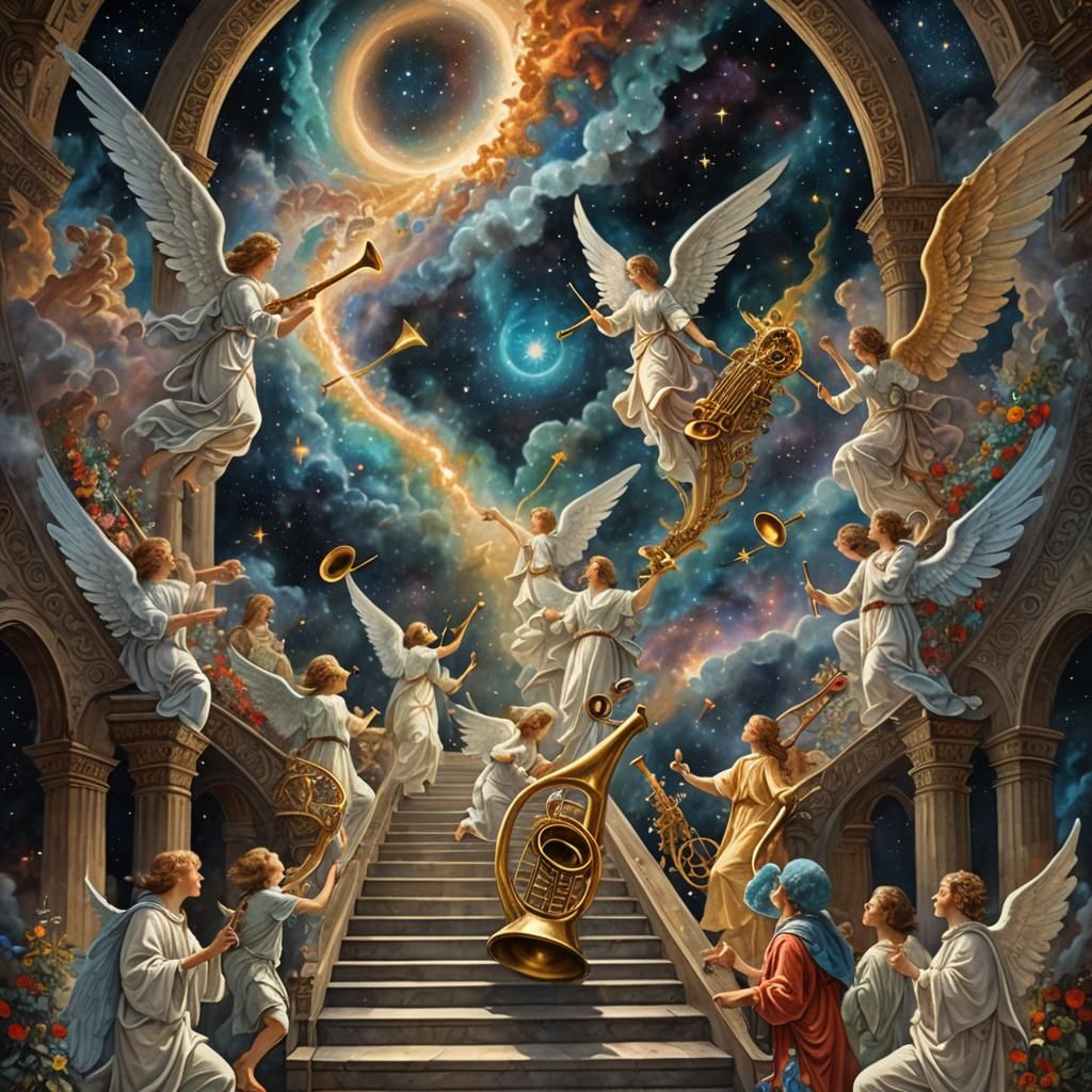 Angels on Cosmic Stairway in Visionary Art Style