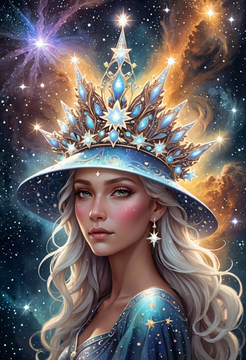 Celestial Queen with Moonlight Star Headdress in Nebula