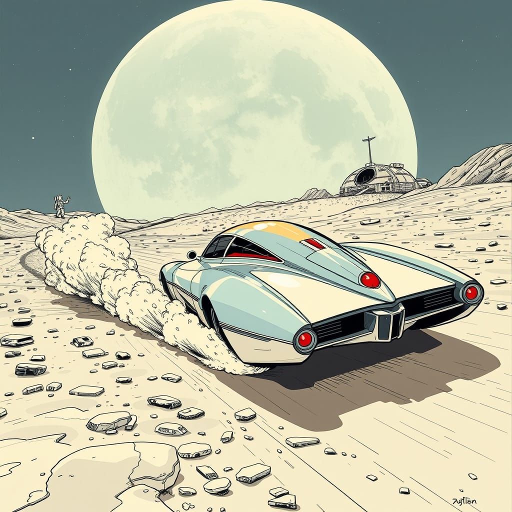 Moon Car Speeds Away from Lunar Base in Retro-Futuristic Lig...