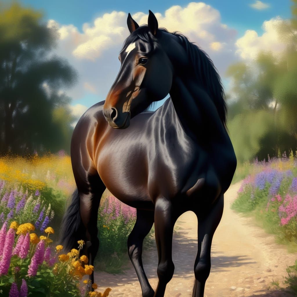 Majestic Black Stallion in Vibrant Oil Painting