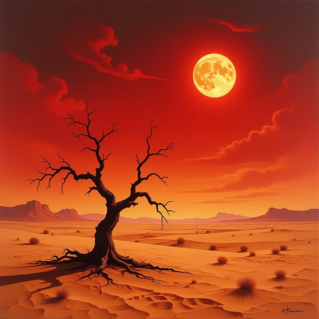 Desolate Desert Landscape Under Crimson Sky