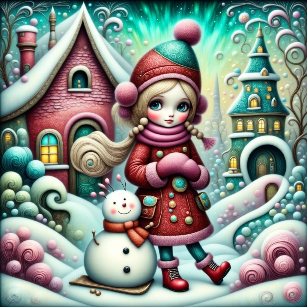 Girl in Winter Wonderland with Snowman and Sled