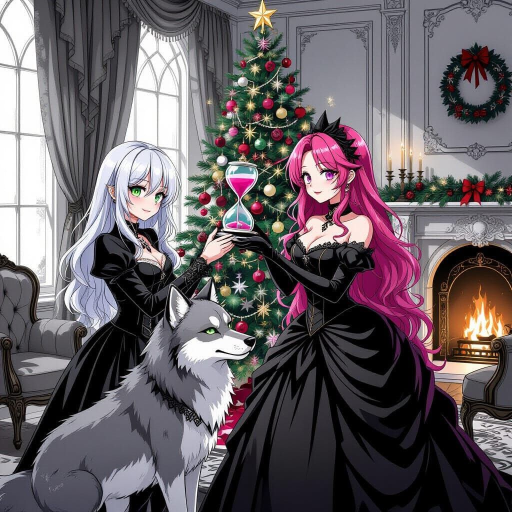 Gothic Christmas Tree Decorating in Black and White Line Art