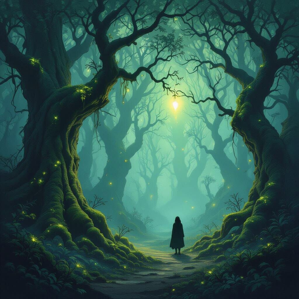 Mystical Forest Illuminated by Ethereal Firefly Glow