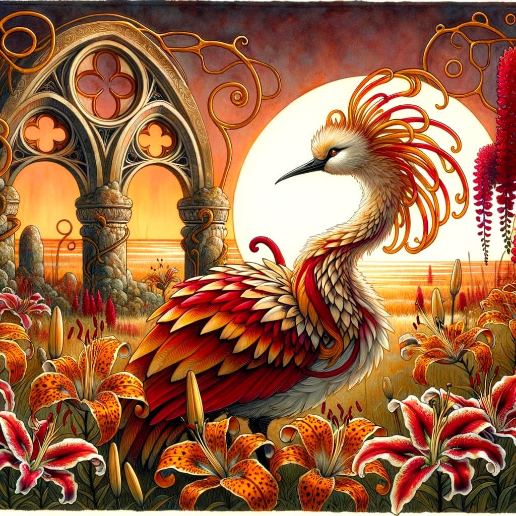 Hybrid Swan-Heron Among Tiger Lilies at Sunset