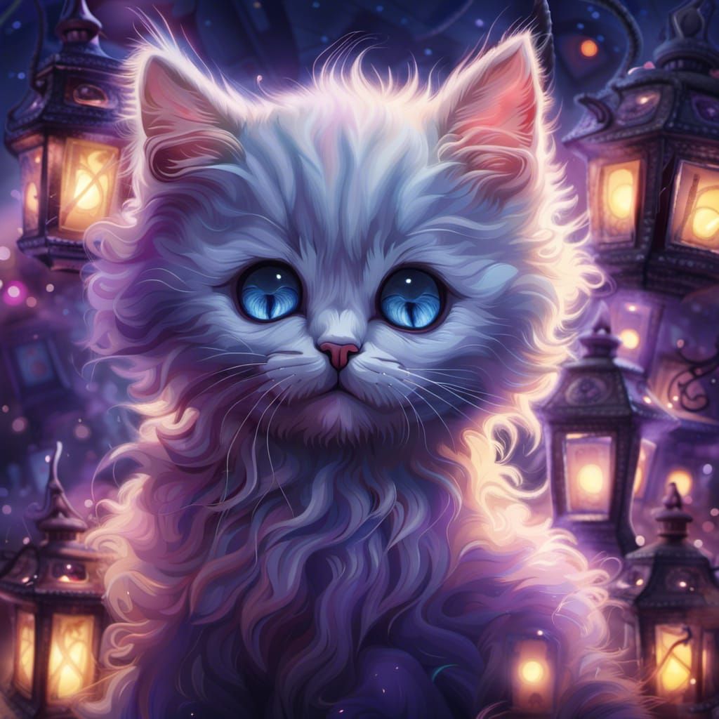 Ghost Kitten in a Mysterious Lantern-Lit Night