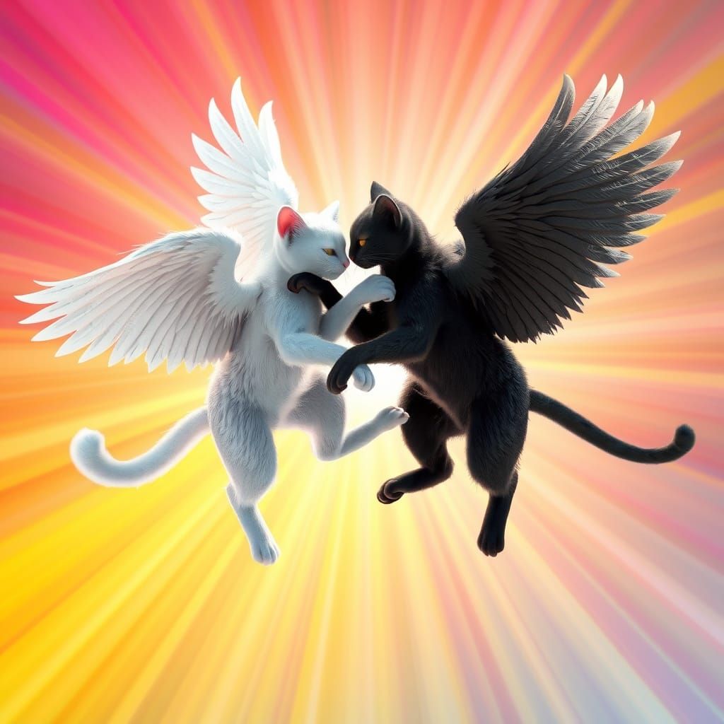 Majestic Winged Felines in Mid-Air Collision