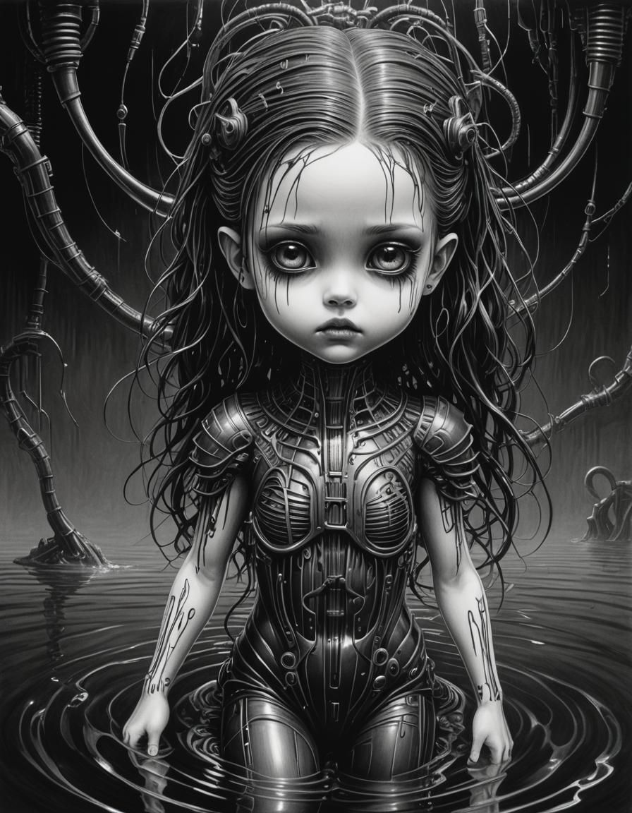 Gothic Cyberpunk Woman in Black and White