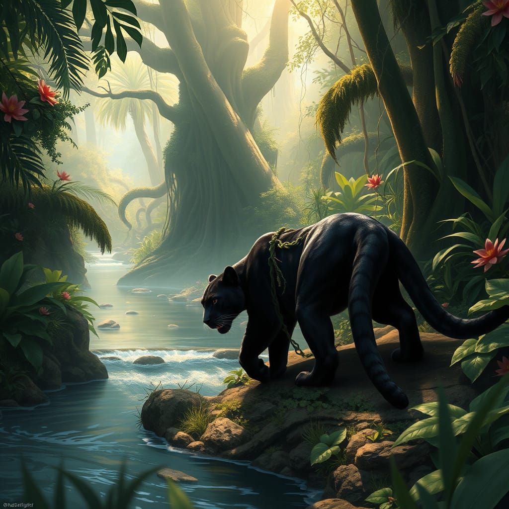 Surreal Black Panther Stalks Jungle Riverbank