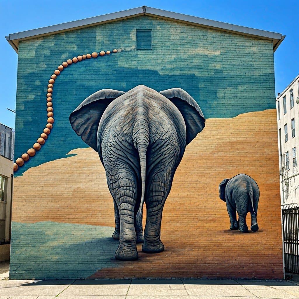 Art Deco Mural of Elephant Walking Away