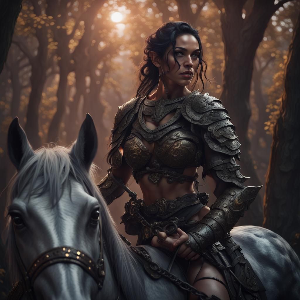 Muscular Barbarian Woman Riding Horse in Detailed Matte Pain...