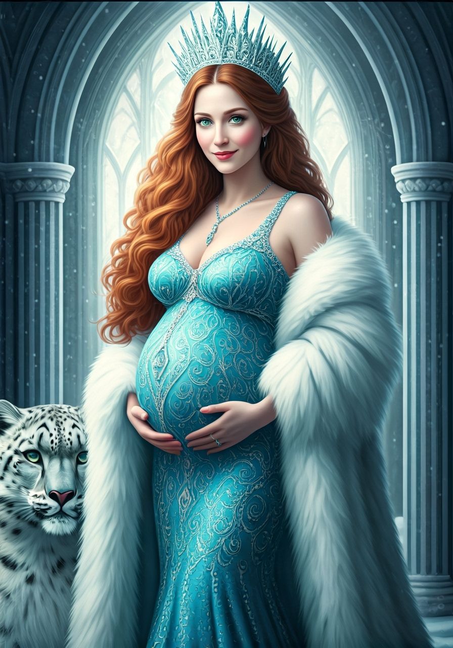 Pregnant Ice Queen in Snowy Castle with Snow Leopard