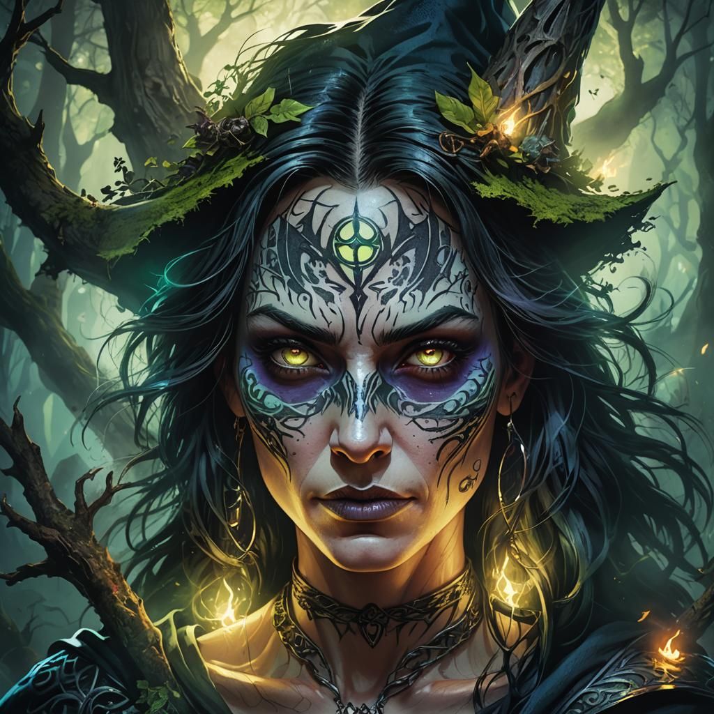 Witch Portrait with Glowing Tattoo in Comic Book Style