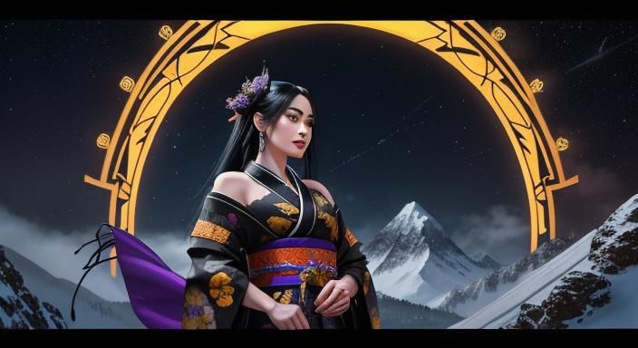 Woman in Kimono with Snowy Mountains, Fantasy Art