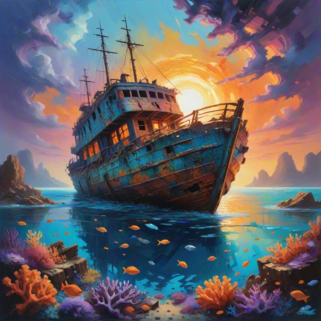 Ancient Shipwreck on Coral Reef Under Dual Sunset