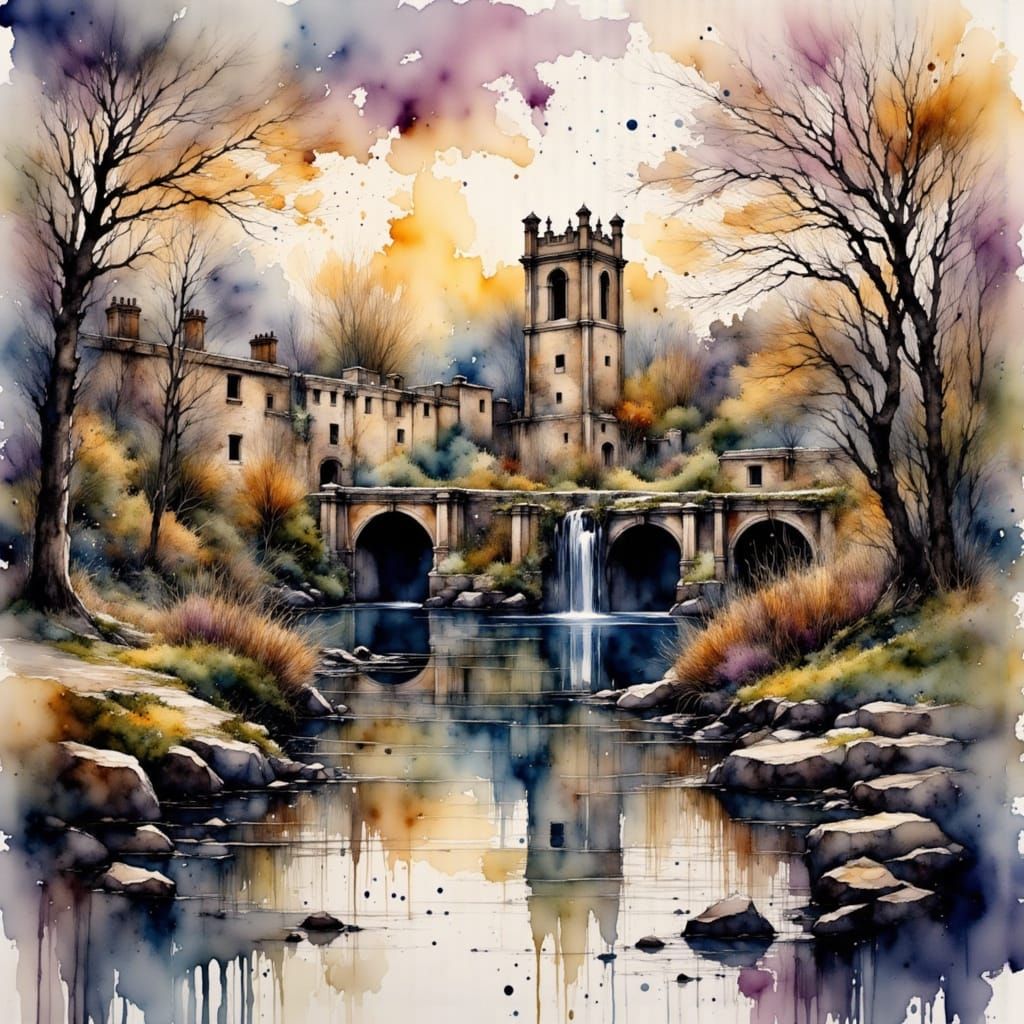 Dawn Over Roman Baths: Watercolor Impression