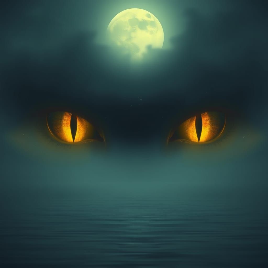 Piercing Yellow Eyes Reflecting in Misty Lake