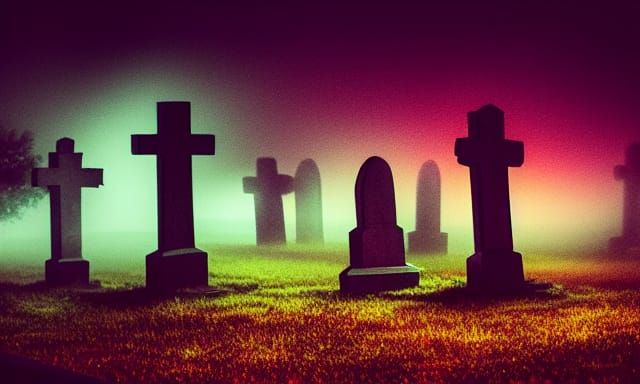 Spooky Halloween Night in Foggy Graveyard, Surreal Gouache